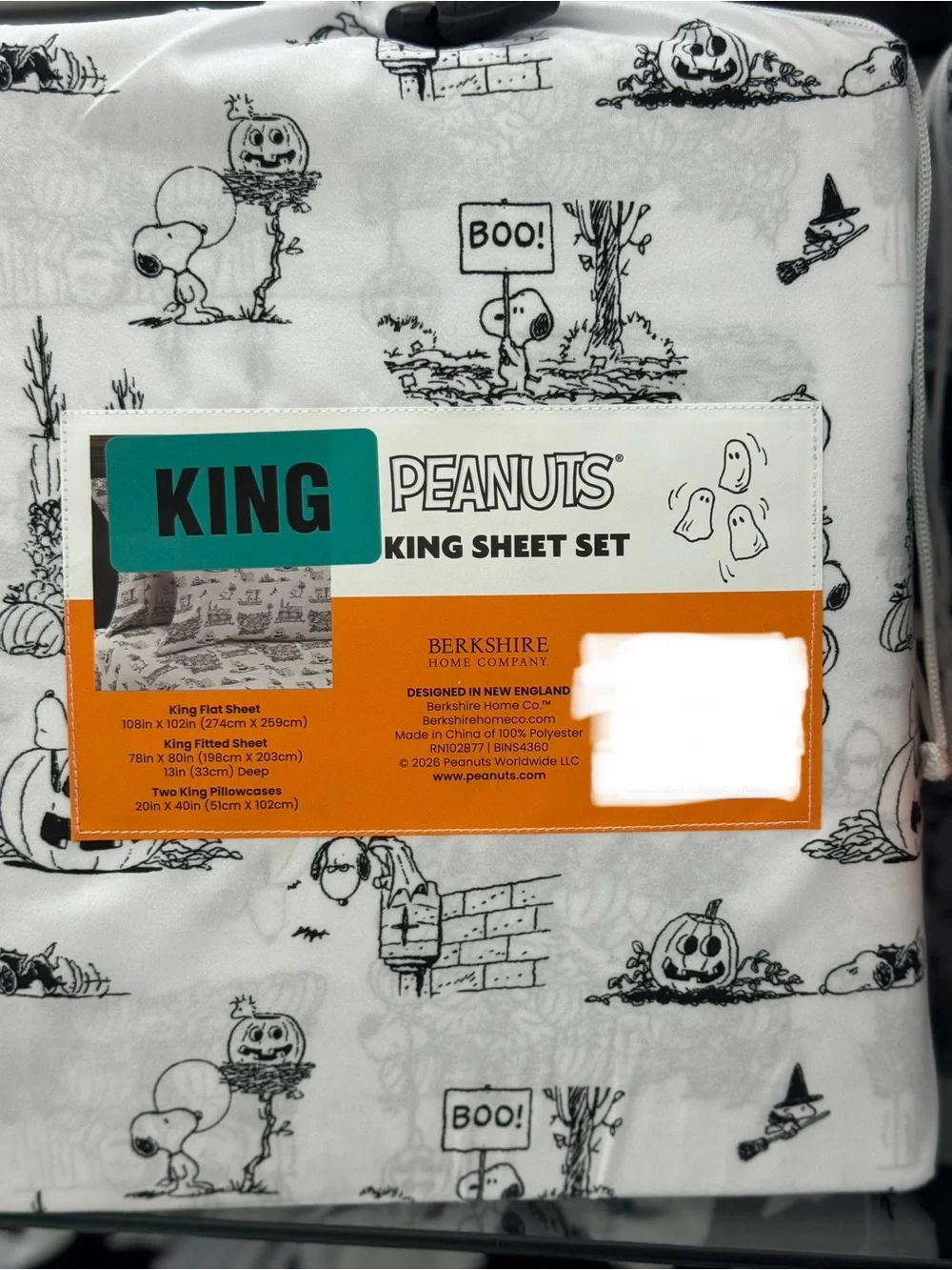 Berkshire Snoopy Halloween King Sheet Set - White/Black